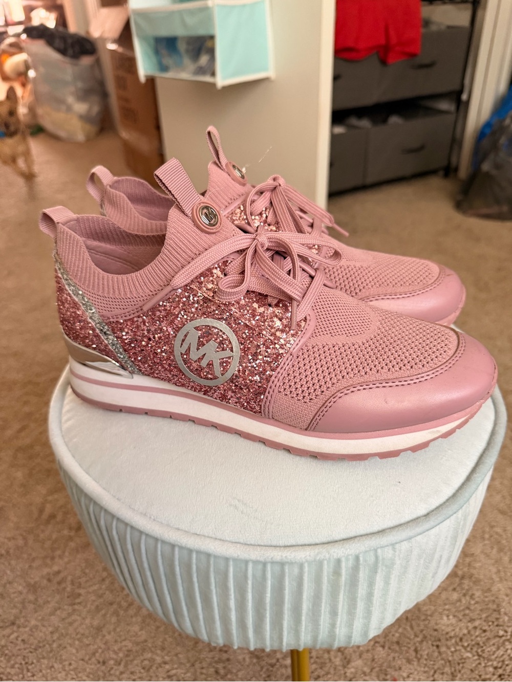 Michael Kors Blush Pink Glitter Knit Lace-Up Sneakers